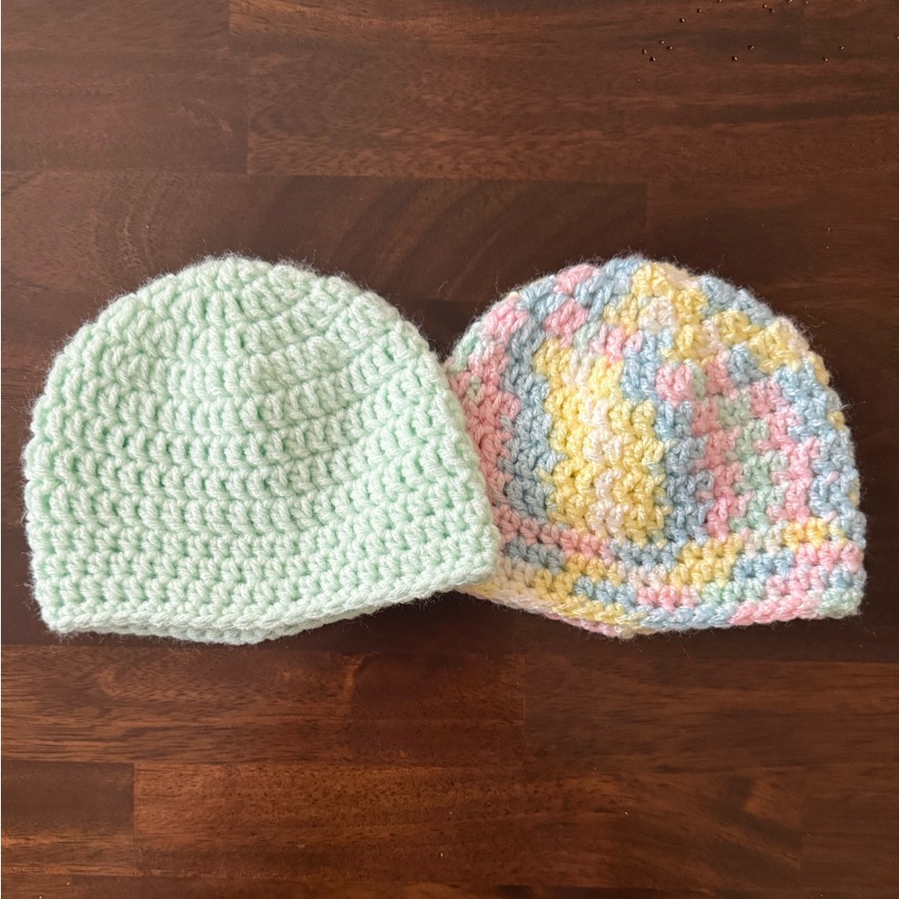 Handmade Crochet Kids Beanie Set - Mint Green & Multicolor